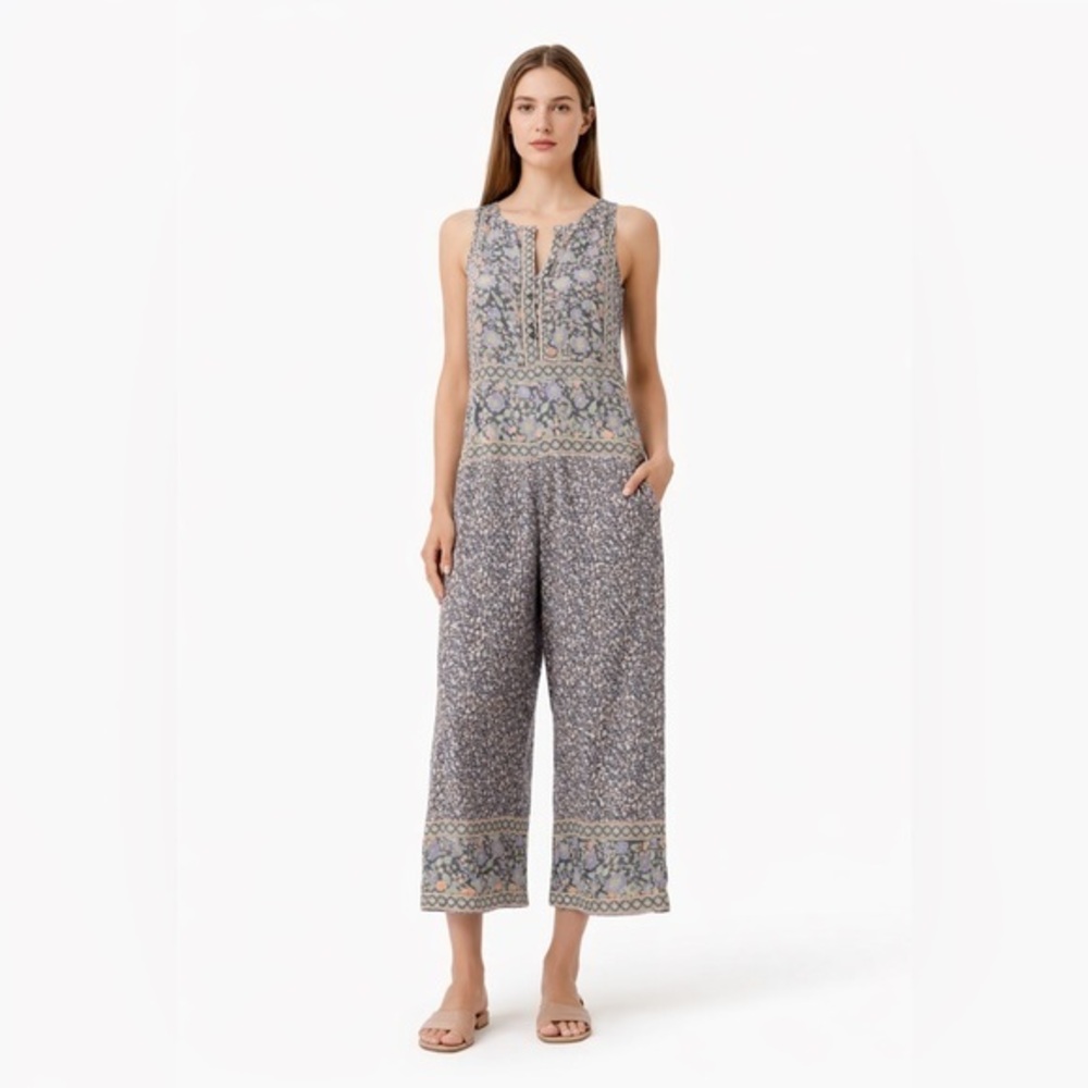 Free People Floral Boho Cropped Wide Leg Jumpsuit Lilac Lavender Gray XS